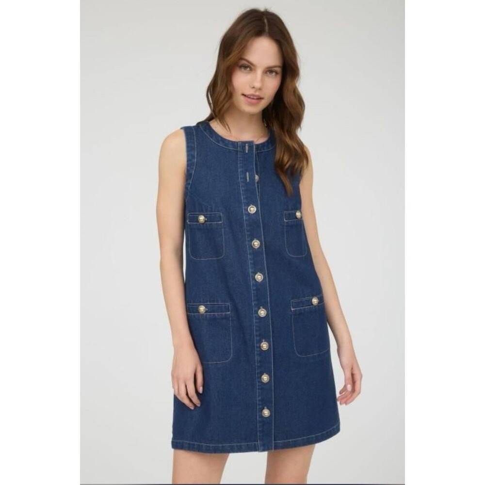 The Workshop Women’s Sleeveless Denim Button Front Dress Size M Pockets NWT